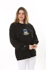 Kadın Büyük Beden Siyah Pamuk Kumaş Nakışlı Sweatshirt 65N37617