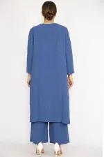 Kadın Büyük Beden İndigo Hırka İç Bluz Ve Pantolon Üçlü Takım