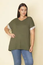 Kadın Haki Kolları Payet Detaylı V Yakalı Viskon Bluz 65N28743
