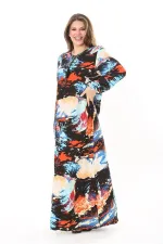 Kadın Büyük Beden Mavi Yaka Bağcıklı Uzun Kollu Maksi Boy Elbise 65N37869