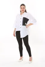 Chemise en similicuir grande taille pour femme, fermeture à boutons-pression, poche et détail sur le devant 65N37698 Chemise en similicuir grande taille pour femme, fermeture à boutons-pression, poche et détail sur le devant 65N37698