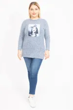 Kadın Mavi Yün Viskon Kumaş Aplike Ve Yan Yırtmaç Detaylı Tunik 65N35449