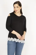 Kadın Siyah Büyük Beden Tek Omuz Dekolteli Etek Ucu Dantel Bluz