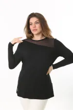 Kadın Büyük Beden Siyah Ön Ve Arka Yakası Tül Detaylı Uzun Kollu Bluz 65N37538