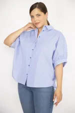 Kadın Büyük Beden Mavi Arkası Yırtmaç Ve Bağcık Detaylı Ön Düğmeli Gömlek 65N36794