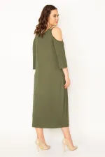 KADIN HAKİ OMUZ DEKOLTELİ ÖN BASKILI ELBİSE