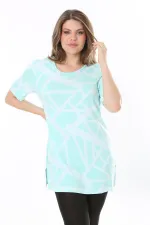 Kadın Büyük Beden Yeşil Bisiklet Yakalı Kısa Kollu Çizgili Tunik 65N37851