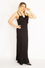 Kadın Siyah Askı Ve Yakası Fırfır Detaylı Etek Ucu Katlı Uzun Elbise 65N35236