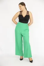 Kadın Yeşil Büyük Beden Beli Lastikli Geniş Paça Aeorobin Kumaş Pantolon