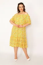 Kadın Fujya Yaka Lastikli Etek Ucu Büzgülü Dokuma Viskon Kumaş Elbise 65N33250