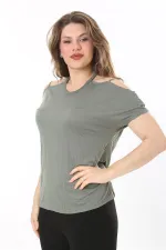 Kadın Büyük Beden Haki Omuz Dekolteli Bluz 65N38047