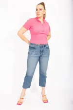 Kadın Mavi Büyük Beden Yıkama Efektli Paçası Pis Dikişli Bilek Boy 5 Cep Kot Pantolon