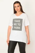 KADIN BEYAZ ÖN TAŞ VE ÇİZGİ BASKI DETAYLI YAN FERMUAR YIRTMAÇLI BLUZ