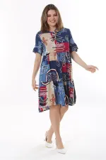 Kadın Büyük Beden Mavi Dokuma Viskon Kumaş Kısa Kollu Katlı Elbise 65N37762