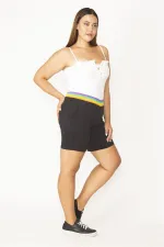 Kadın Büyük Beden Siyah Pamuklu Kumaş Beli Renkli Lastikli Cepli Şort 65N36780