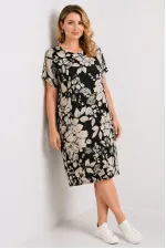 Kadın Büyük Beden Siyah, Çiçek Desenli Cepli Viskon Elbise 65N39471