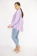 Kadın Büyük Beden Lila Poplin Kumaş Ön Düğmeli Yan Yırtmaçlı Uzun Kollu Gömlek 65N36798