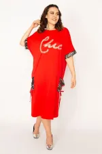 Kadın Kırmızı Cep Ve Kolu File Detaylı Taş Baskılı Viskon Elbise 65N33166