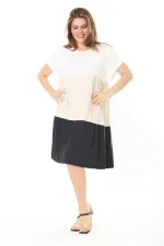 Kadın Büyük Beden Renkli Renk Kombinli Katlı Kısa Kol Elbise 65N37874