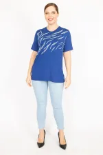 Kadın Saks Büyük Beden Bisiklet Yakalı Ön Baskılı Bluz