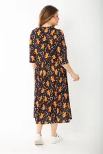 Kadın Büyük Beden Siyah Noel Desenli Belden Büzgülü Kapri Kollu Elbise 65N37427