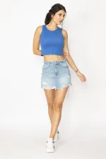KADIN MAVİ YIRTIK DETAYLI YANI ŞERİTLİ 5 CEP MİNİ KOT ETEK