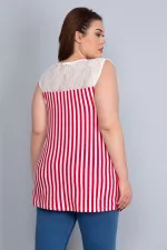 Kadın Kırmızı Robası Dantel Detaylı Çizgili Viskon Bluz 65N22750