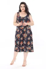 Kadın Büyük Beden Renkli Bisiklet Yakalı Göğüs Pileli Kolsuz Uzun Elbise 65N37946