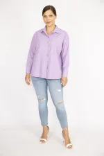 Kadın Büyük Beden Lila Poplin Kumaş Ön Düğmeli Yan Yırtmaçlı Uzun Kollu Gömlek 65N36798