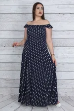 KADIN LACİVERT YAKA VE ASKILARI LASTİK DETAYLI PUAN DESENLİ YIRTMAÇLI UZUN ELBİSE