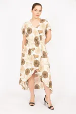 Kadın Bej Büyük Beden Dokuma Viskon Kumaş Eteği Anvelop Beli Lastikli Elbise 65N35832