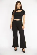 Kadın Siyah Büyük Beden Yırtmaç Detaylı Geniş Paçalı Yan Şeritli Eşofman Alt