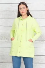 Women's Green Cotton Fabric Hooded Front Button Sweatshirt 65N20439