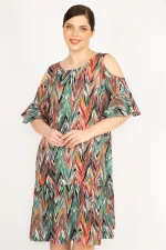 Kadın Fujya Büyük Beden Omuz Dekolteli Dokuma Viskon Kumaş Yan Cepli Elbise