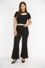 Kadın Siyah Büyük Beden Yırtmaç Detaylı Geniş Paçalı Yan Şeritli Eşofman Alt
