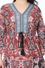 Kadın Büyük Beden Renkli V Yakalı Desenli Elbise 65N38846