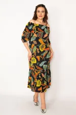 Kadın Renkli Yaka Lastikli Etek Ucu Katlı Dokuma Viskon Kumaş Elbise 65N33188