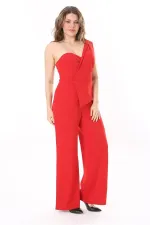 Kadın Büyük Beden Kırmızı Likralı Krep Kumaş Tek Omuz Ve Bel Detaylı Tulum 65N37954