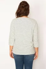 WOMEN'S COLORFUL CREW-NECK CAPRI SLEEVE STRIPED BLOUSE