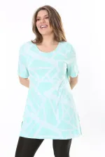 Kadın Büyük Beden Yeşil Bisiklet Yakalı Kısa Kollu Çizgili Tunik 65N37851