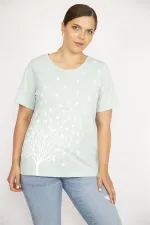 Kadın Yeşil Büyük Beden Pamuk Kumaş Ön Baskılı Kısa Kollu Bluz