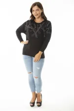 Kadın Büyük Beden Siyah Taş Detaylı Yarasa Kol Bluz 65N36862