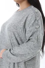 Kadın Büyük Beden Gri Yün Viskon Kumaş Omuzu Süs Düğmeli Elbise 65N38597