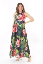 Kadın Büyük Beden Renkli Halter Yakalı Ön Patı Düğmeli Astarsız Krep Şifon Elbise 65N37986