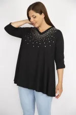 Kadın Siyah Büyük Beden Taş İşli V Yaka Kolu Lastik Büzgülü Bluz