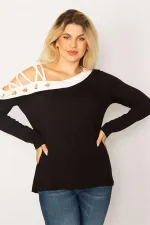 BLOUSE BICOLORE NOIRE POUR FEMME AVEC DÉTAILS ŒILLETS