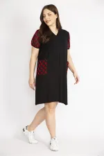 Kadın Siyah Büyük Beden Kol Ve Cepleri Desenli Tül Detaylı V Yakalı Elbise