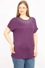 Kadın Mürdüm Büyük Beden Taş Detaylı Düşük Kol Bluz 65N35636