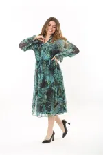 Kadın Büyük Beden Yeşil V Yakalı Etek Ucu Katlı Astarlı Tül Elbise 65N37556