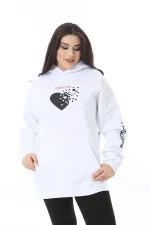 Women's Plus Size White Polar Fleece Print and Hooded Detailed Sweatshirt 65N38623